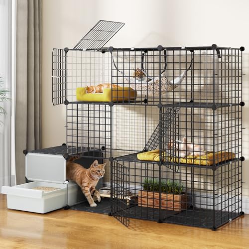 YITAHOME 3-Tier Cat Cage with Litter Box: Kittens Cat House Indoor Multi-Level Cat Enclosure for 1-3 Small Cats, Black 41.0"L x 14.0"W x 41.0"H