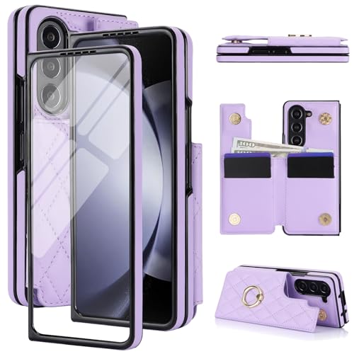 for Samsung Galaxy Z Fold 5 Wallet Case with Ring, 4 Card Slots & Cash Clip - Magnetic Clasp Closure, Front Tempered Glass Screen Protector & Reinforc
