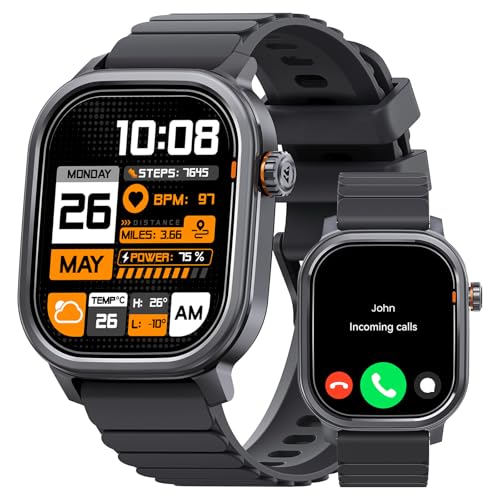 KOSPET Smartwatch Herren, 1,96" AMOLED, Anrufannahme, Gesundheitscheck per Fingertipp, Schlaftracker, 25 Tage Akku, IP68 wasserdicht, kompatibel mit A