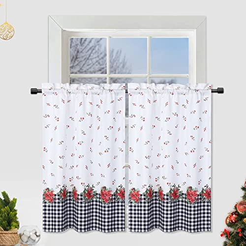 Garvee Christmas Kitchen Tiers, 2 Panels Canvas Christmas Flower Pattern Cafe Curtains Rod Pocket Short Curtains Xmas Decorative Half Window Curtains 
