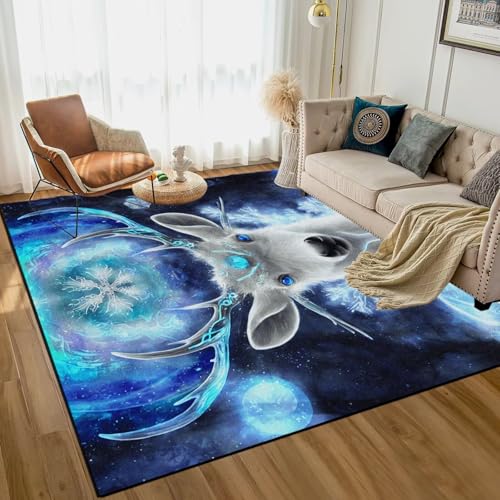 6' x 9' Deer Printed Rug Fairy Blue Moon Area Rugs Washable Moose Carpet for Kids Bedroom Living Room Dorm Indoor Elk Floor Mat Doormat Throw Rugs 180