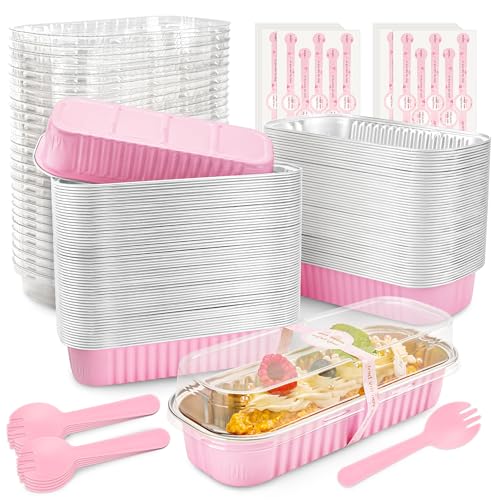 Mini Loaf Pans with Lids and Spoons Rectangular Aluminum Foil Baking Pans Mini Cheesecake Containers 6.8oz(120 Pack, Pink) 120 Pink