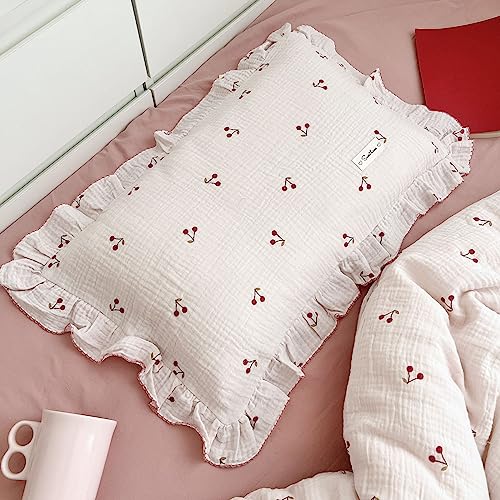BuLuTu Cotton Muslin Ruffle Edge Kids Toddler Pillowcase Standard,Cherry Pattern Soft Travel Pillow Nursery Pillowcase for Boys,Girls,Bedding Decor Ma