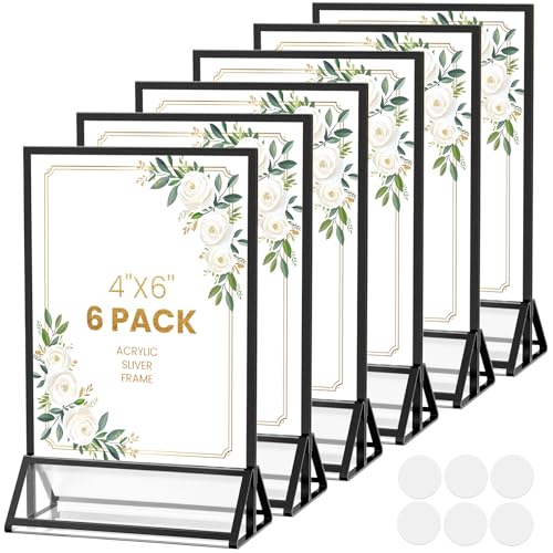 Acrylic Sign Holder 4X6 Black Picture Frame Double-Sided Acrylic Frames for Wedding Table Numbers Photo Frames Flyers Menu with Removable Sticky Dots-