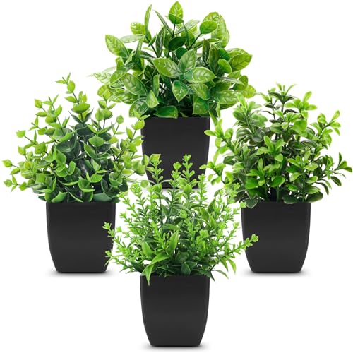 Der Rose 4 Pack Black Bathroom Decor Fake Plants Mini Artificial Greenery Potted Plants for Halloween Decor Indoor Office Table Room Farmhouse Decor