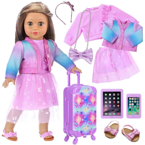 18 Inch Girl Doll Accessories Suitcase Travel Luggage Set with Carrier Storage,Clothes, Skirt,Shoes,Cross-Body Bag,Hair Hoop,Cellphone,Panel Computer(