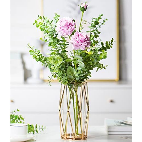 FSyueyun Gold Flower Glass Vases for Centerpieces with Premium Metal Rack, Modern Large Vases Home Decor Living Room or Wedding Centerpiece (8.7 Inche
