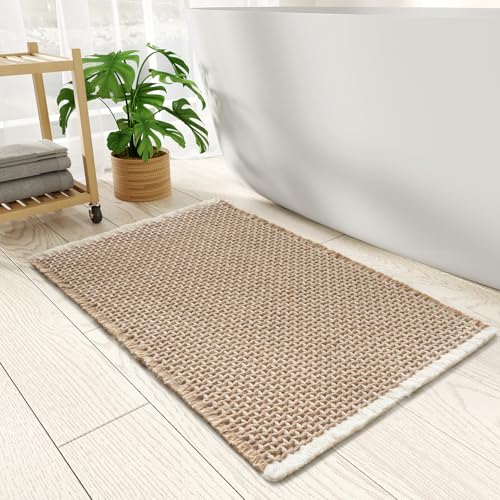 Checkered Bath Mat, Super Absorbent Non Slip Bath Mats for Bathroom Floor 3D Two Tone Woven Bathroom Mat with Tassels Machine Washable Bathroom Rugs B