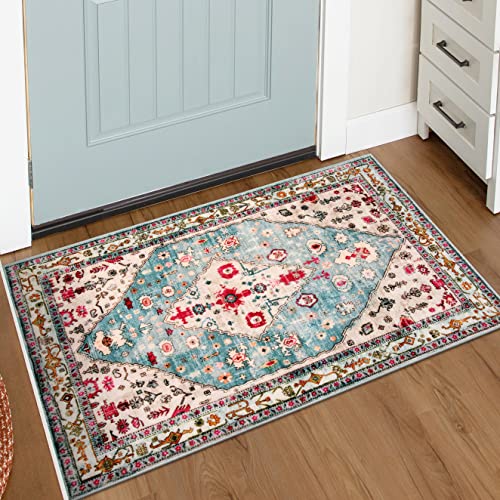 Lahome Boho Tribal Area Rug - 2x3 Small Aqua Bath Rugs Kitchen Throw Mat, Soft Washable Non Slip Non Shedding Bohemian Bathroom Bedroom Carpet for Fro