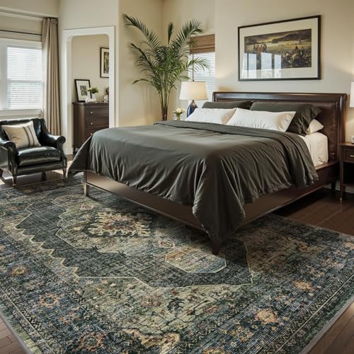 Olive Green Area Rug 6x9 Bedroom Rug Living Room Rugs Washable Soft Vintage Neutral Farmhouse Dining Room Rug Office Carpet Water Repellent Easy Care