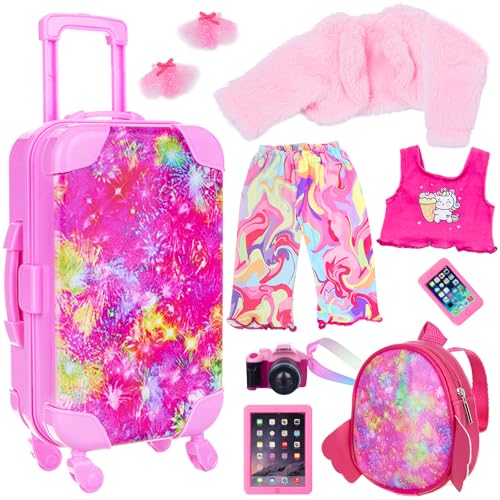 Ecore Fun American 18 Inch Doll Clothes & Accessories Suitcase Set, 10 Pcs Travel Play Set with Backpack, Clothes, Hair Clips, Camera, Phone for 18 In