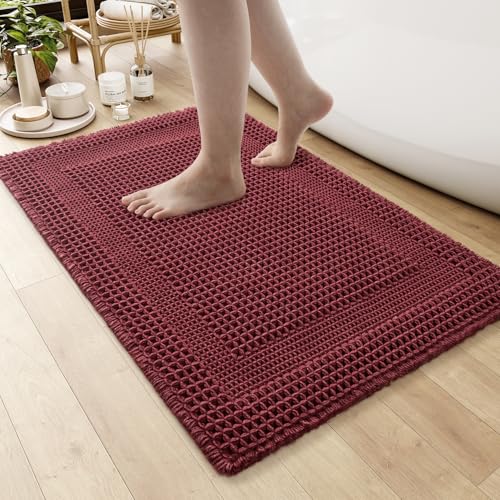 AMOAMI Waffle Bath-Mat, Absorbent Bath Mats for Bathroom Non Slip, Machine Washable Bathroom Rugs with Tassels Ultra Soft Boho Bath Rugs for Floor 17"