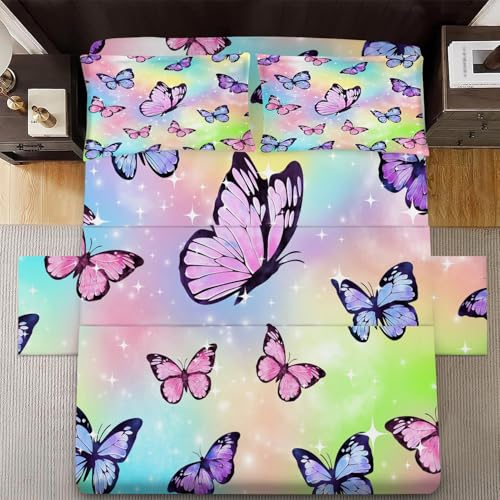 Butterfly Sheets Set Twin Rainbow Bedding Flat Sheet for Girls Kids Women Bed Fitted Sheets Watercolorful Sheet Sets 1 Flat & 1 Pillowcase Lcl01-09 Tw