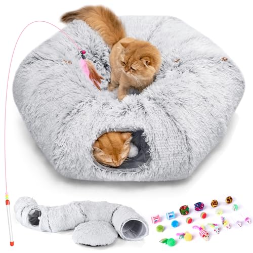 Odoland Cat Tunnel Bed with 20 Cat Toys - Indoor Plush Kitten Couch,Detachable Cats Cave Donut Tunnel & Soft Kitten Toy Set-Cozy Cat Furniture Grey
