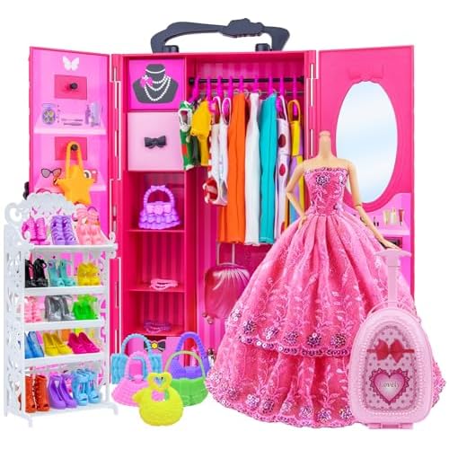 Ecore Fun Fashion Doll Closet Wardrobe for Doll Clothes and Accessories Storage - Lot 102 Items Include Clothes, Dresses, Shoes, Bags, Necklace, Shoes