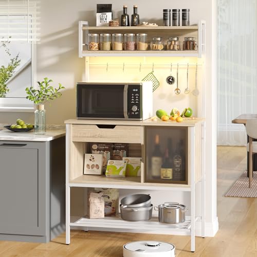 Bestier Bakers Rack with LED Lights, 6 Tier Microwave Stand with Storage Drawer Cabinet, Kitchen Coffee Bar Table with 8 Hooks, Heavy Duty Storage She
