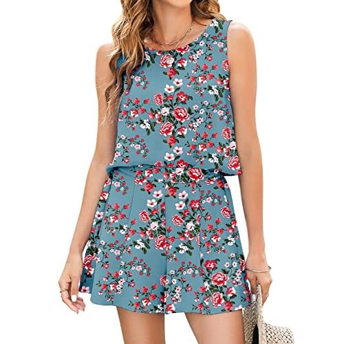 ROYLAMP 2025 Women's Summer 2 Piece Outfits Tank Sleeveless Crop Tops Culottes Shorts Sets Casual Beach Rompers X-Small F: Green Floral