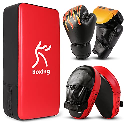Odoland Gants de Boxe avec Pattes d'ours et Kick Shield Enfants Junior, Gants MMA Cuir 3 en 1 pour Boxing Kickboxing Muay Thai Karate Sparring Trainni