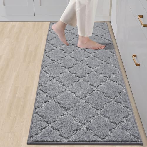 COSY HOMEER Soft Kitchen Floor Mats for in Front of Sink Super Absorbent Rugs and 20"x59" Non-Skid Mat Standing Washable,Polyester,Grey Grey 20"x 59"