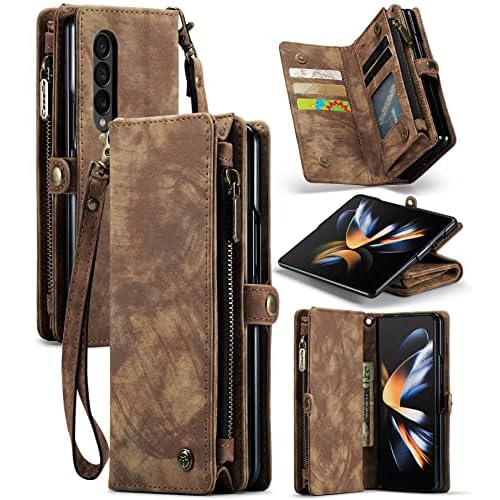 for Samsung Galaxy Z Fold 4 Case with 5 Card Holder Slots and 1 Cash Slot Magnetic Closure Zipper Pocket Flip, Premium Leather PU with Lanyard Strap W