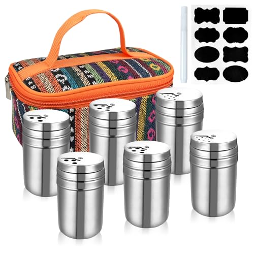 6Pcs Stainless Steel Spice Shaker, Camping Spice Kit with Travel Bag, Salt and Pepper Shakers Set For Salt Sugar Spice Dry Herb Spice, for Home or Out