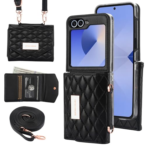 for Samsung Galaxy Z Flip 5 Wallet Case with Built-in Leather Cash Slot and Credit Card Holder, Adjustable Crossbody Strap, Hinge Protection for Women