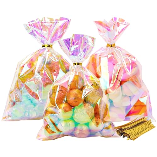 NPLUX Cellophane Bags Clear Plastic Iridescent Gift Cookie Treat Bags with Twist Ties for Party Favor Gift Giving(100PACK, 5x7inch) 5x7 inch