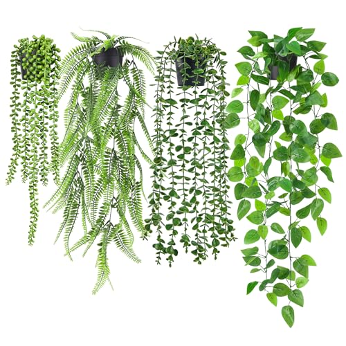 Der Rose 4Pcs Fake Plants Hanging Artificial Ivy Vine Faux Eucalyptus Hanging Plants, Boston Fern, String of Pearls for Living Room Bedroom Boho Wall