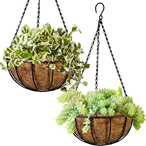 Hanging Planter Basket with Coconut Coir Liner 12 Inch Metal Flower Pot Round Wire Black Plant Holder with Chain for Outdoor Patio Lawn Garden Balcony