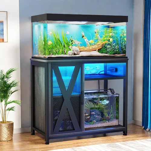 YITAHOME Fish Tank Stand with Power Outlets & LED Light, 40-50 Gallon Metal Aquarium Stand with Cabinet for Fish Tank Accessories Storage for Turtle T