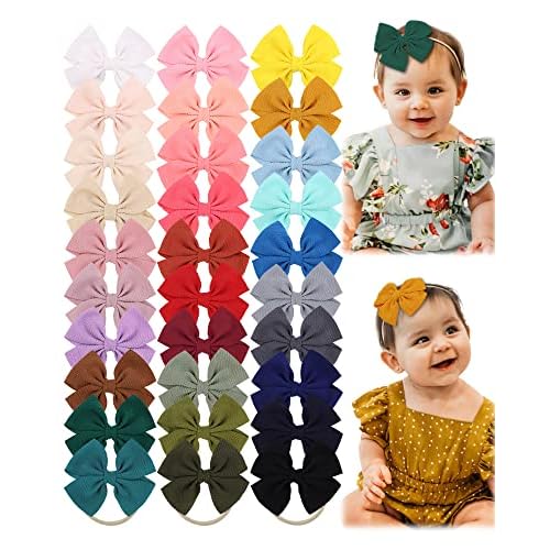 jollybows 30pcs Baby Girls Hair Bows Headband Nylon Hair Band Elastic Hair Accessories for Kids Infants Toddlers 2- 30PCS Waffle headband