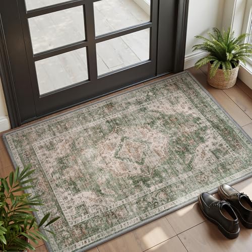 AMOAMI-2X3 Small Rug-Washable Rugs Entryway Mat Indoor-Soft Vintage Non Slip Rugs for Kitchen Laundry Room Bathroom Green Decorative Accent Rug for in