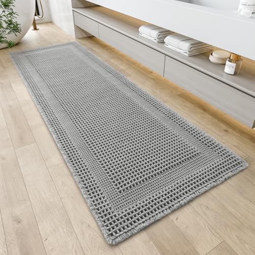 AMOAMI Waffle Bath-Mat, Absorbent Bath Mats for Bathroom Non Slip, Machine Washable Bathroom Rugs with Tassels Ultra Soft Boho Bath Rugs for Floor 2'x