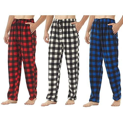 2-3 Pack Mens Pajama Pants Mens Fleece Plaid Lounge Pajama Bottoms Sleepwear Pjs with Pockets X-Large Red-Gray&white-Blue
