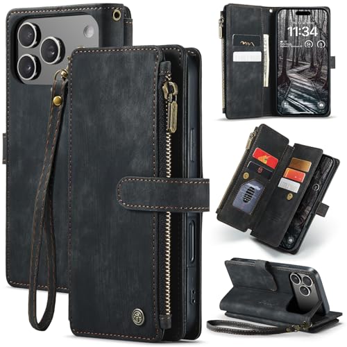 for iPhone 17 Pro Wallet Case with 7 Card Holder Slots Magnetic Zipper Pocket Pouch Flip KicStand Durable Premium Leather PU with Lanyard Strap Wristl