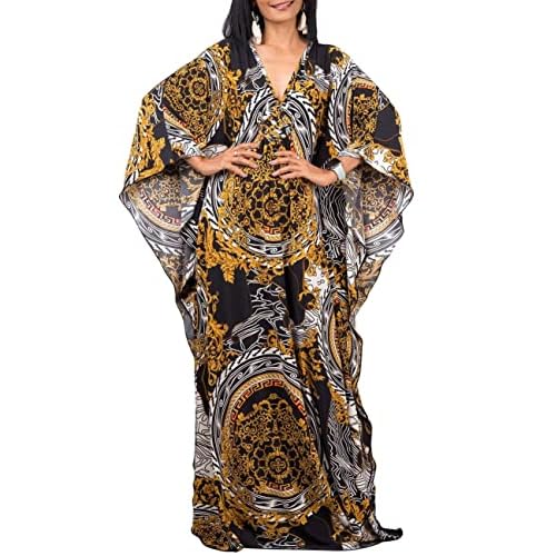 Bsubseach Women Ethnic Print Kaftan Beach Dress Plus Size Swimsuit Cover Up Black Yellow
