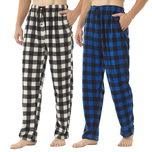 2-3 Pack Mens Pajama Pants Mens Fleece Plaid Lounge Pajama Bottoms Sleepwear Pjs with Pockets Medium 2 Pack-blue-Gray&white