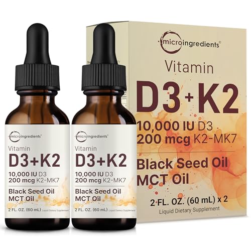 Micro Ingredients 2 Pack Vitamin D3 10000 iu + K2 (MK-7) 200 mcg Drops, 4 fl oz | Plus Black Seed & MCT Oil | 4-in-1 Bone, Immune, & Heart Health Supp