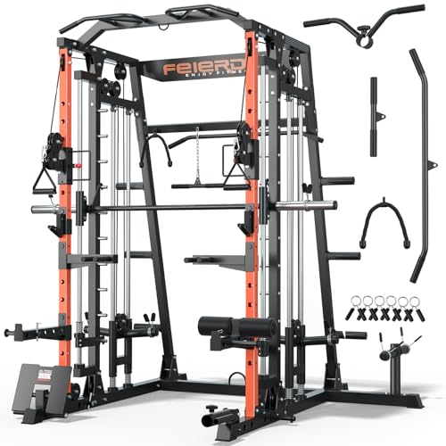 FEIERDUN Smith Machine Deadlift Power Cage FOR01,2200lbs Squat Rack for Home Gym,Dual LAT Pull Down & Cable Crossover Machine with Leg Hold-Down Attac