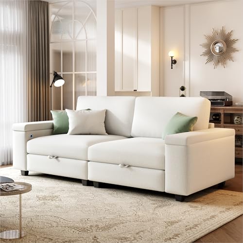 75" Loveseat Sofa for Living Room, White Comfy Couch with USB+Type-C Ports, Deep Seat Cloud Sofas with Storage Seat, Couches for Living Room Furniture