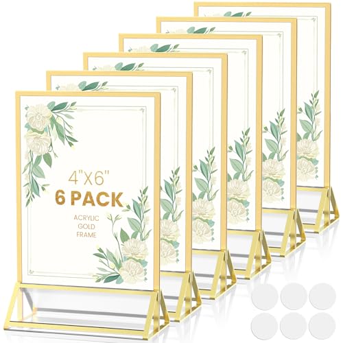 Gold Frames 4X6 Acrylic Sign Holder Double-Sided Gold Picture Frames for Menu Holder Wedding Table Number Holder Christmas Photo Frames with Removable