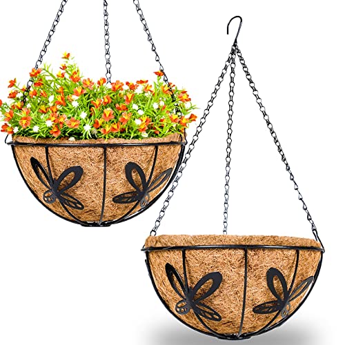 Metal Hanging Planter Basket Flower Pot with Coconut Coir Liner Plant Holder for Indoor Outdoor Balcony Home Garden Decor Butterfly Pattern, 10 Inch,