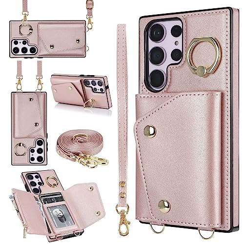 for Samsung Galaxy S25 Ultra Luxury Zipper Wallet Case with Ring, Multi Card Holder Adjustable Crossbody Strap, Fashion Wallet Bag.(Rosegold) RoseGold