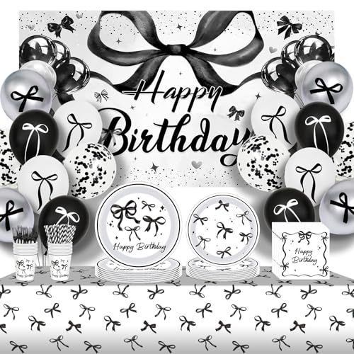 Black Bow Birthday Decorations Kit, Coquette Party Supplies for Women Girls - Balloons, Backdrop, Black Bow Plates and Napkins, Tableware Serves 20 Gu
