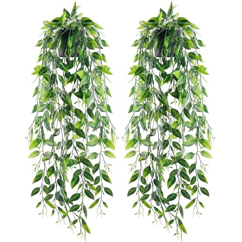 Der Rose 2 Pack Fake Hanging Plants Small Artificial Plants Faux Pea Pod Plants Indoor for Aesthetic Living Room Office Shelf Decor Green-2 Pack