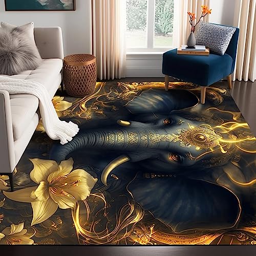 4' x 6' African Elephant Area Rug Opulent Gold Flowers Rugs for Living Room Bedroom Office Non-Slip Washable Indoor Floor Mat Throw Rugs Carpet 120x18