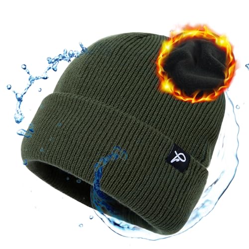 TOP-EX Dryknit™ Waterproof Oversized XL XXL Fleece Lined Winter Warm Beanies Hat for Men XX-Large Olive Green (Waterproof)