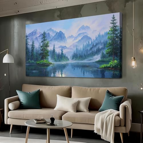 Ardemy Landscape Wall Art for Living Room Mountain Lake Nature Canvas Textured Painting Wall Decor Misty Forest River Scenery Picture Tranquil Large A