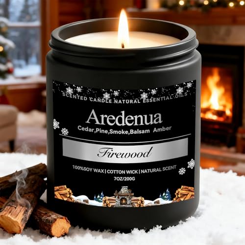 Firewood Candle – Winter Candles | Holiday Scented Candles, 7oz Jar Soy Candle for Home Scented - 50H Burn - Smoky Fireplace Cozy & Warm Scent, Chri