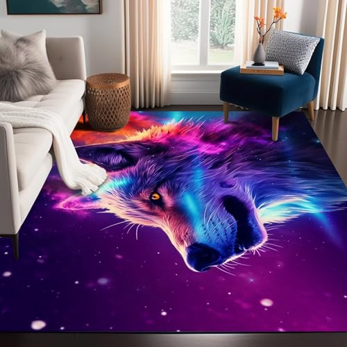 Galaxy Wolf Rug 3D Fierce Wolves Area Rugs for Bedroom Living Room Playroom Gameroom Boys Kids Colorful Glitter Throw Rugs Floor Mat Carpet 79 in x 39